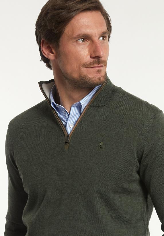 River Woods Custom Fit Basic Merinotrui Opstaande Kraag Forest Mix