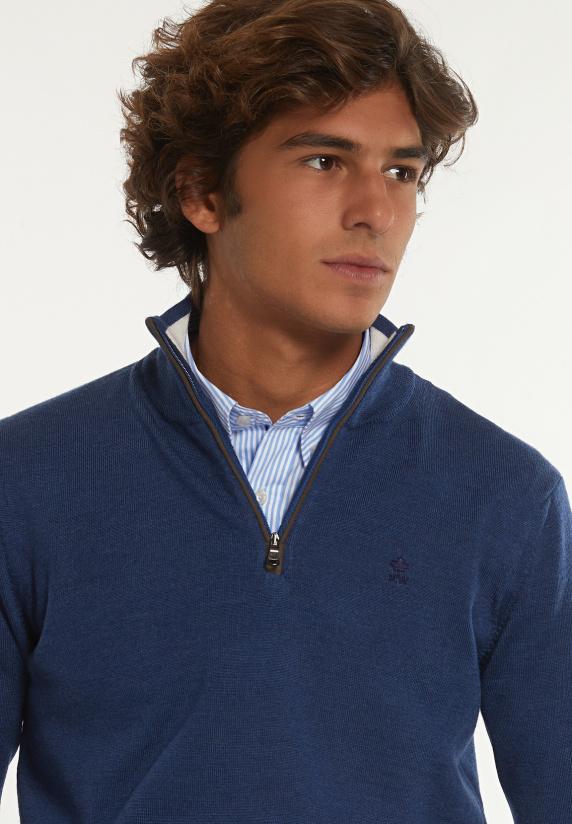 River Woods Custom Fit Basic Merinotrui Opstaande Kraag Mykonos Blue Mix