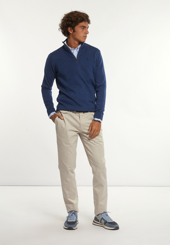 River Woods Custom Fit Basic Merinotrui Opstaande Kraag Mykonos Blue Mix