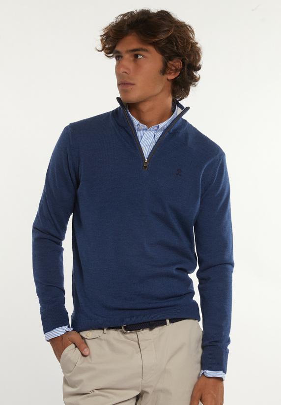 river woods Custom fit basic merinotrui opstaande kraag mykonos blue mix