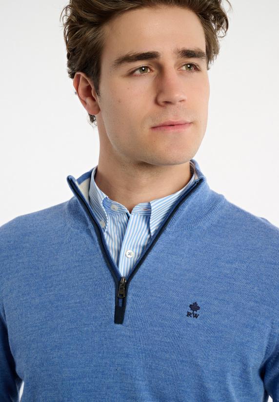 River Woods Custom Fit Basic Merinotrui Opstaande Kraag Persian Blue Mix