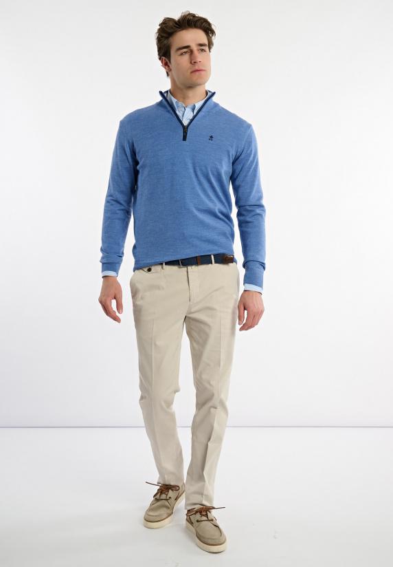 River Woods Custom Fit Basic Merinotrui Opstaande Kraag Persian Blue Mix