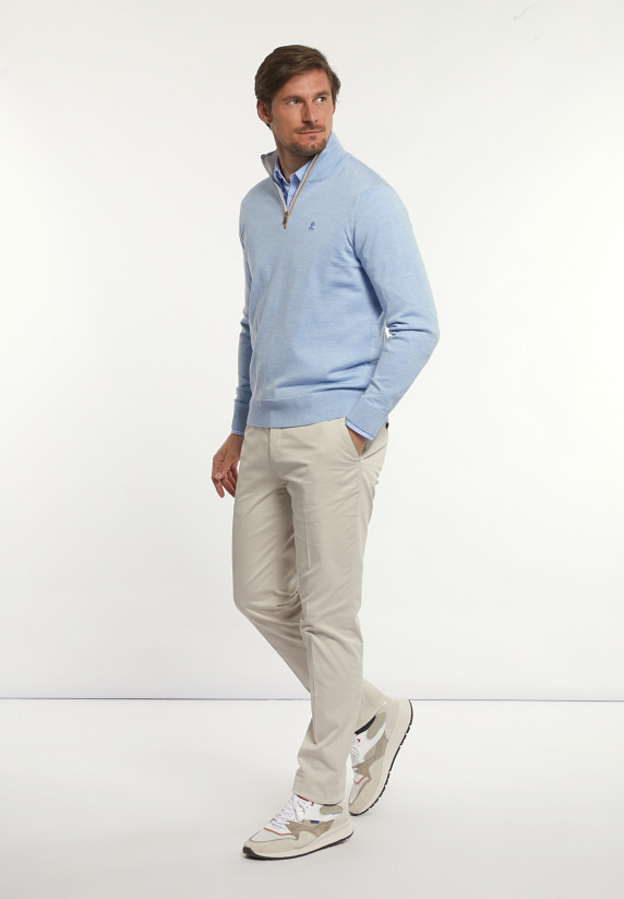 River Woods Custom Fit Basic Merinotrui Opstaande Kraag Soft Blue Mix