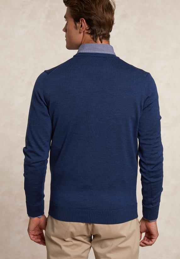 River Woods Custom Fit Basic Merinotrui Ronde Hals Denim Blue Mix