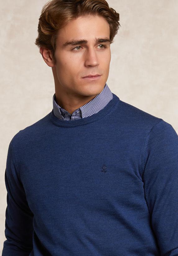 River Woods Custom Fit Basic Merinotrui Ronde Hals Denim Blue Mix