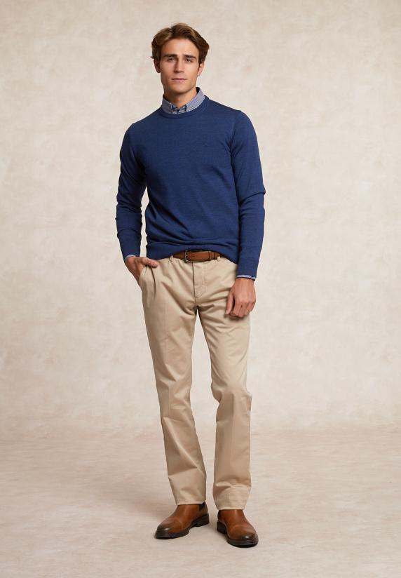 River Woods Custom Fit Basic Merinotrui Ronde Hals Denim Blue Mix