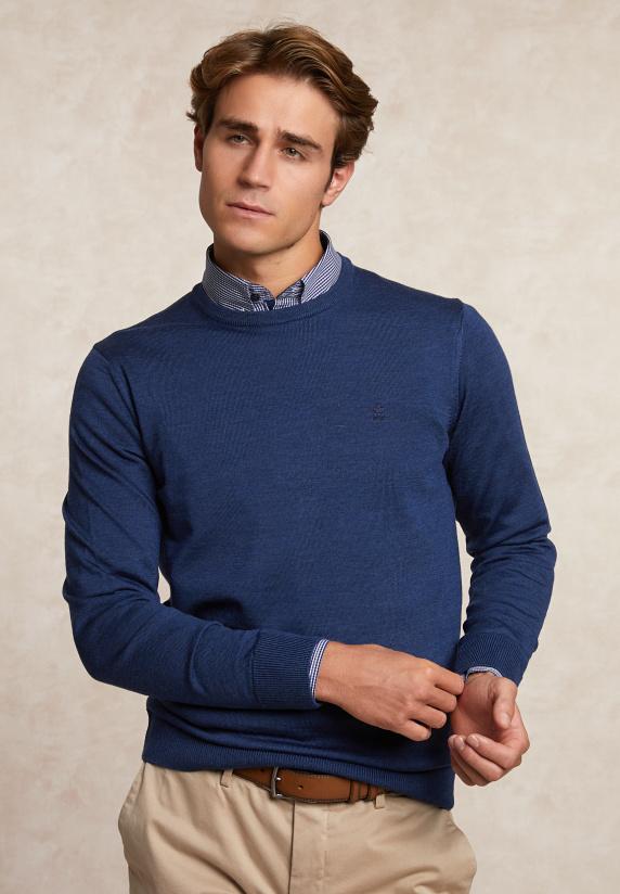 River Woods Custom Fit Basic Merinotrui Ronde Hals Denim Blue Mix