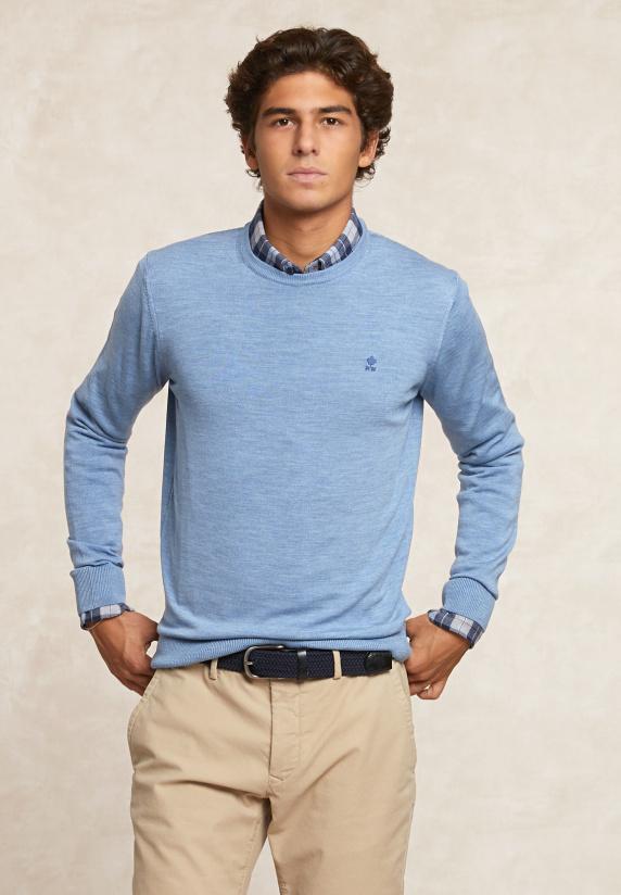 river woods Custom fit basic merinotrui ronde hals glacier mix