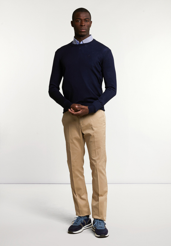 River Woods Custom Fit Basic Merinotrui Ronde Hals Navy