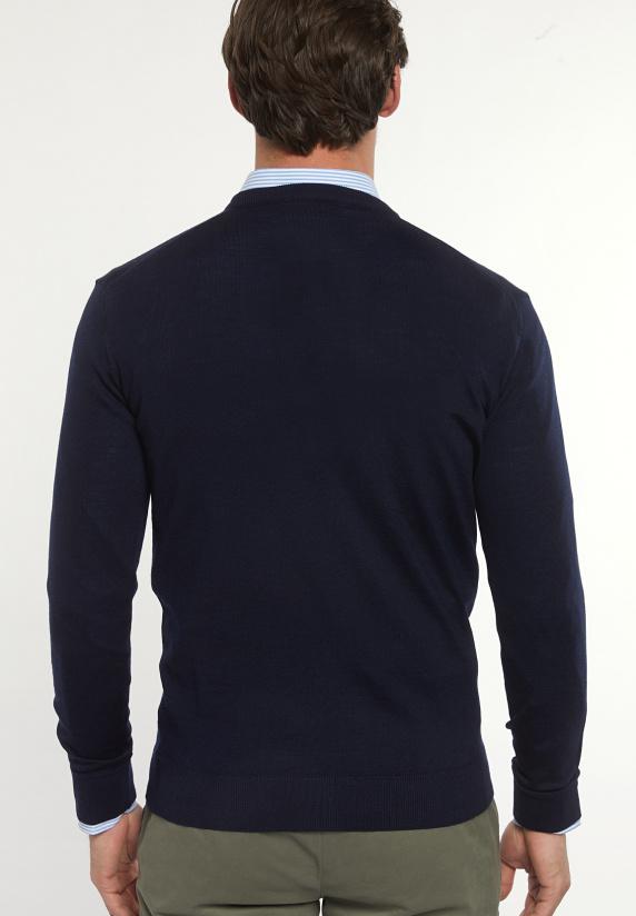 River Woods Custom Fit Basic Merinotrui Ronde Hals Navy Blue