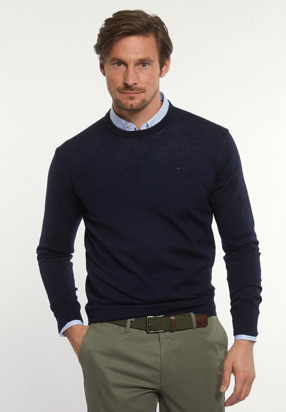 river woods Custom fit basic merinotrui ronde hals navy blue