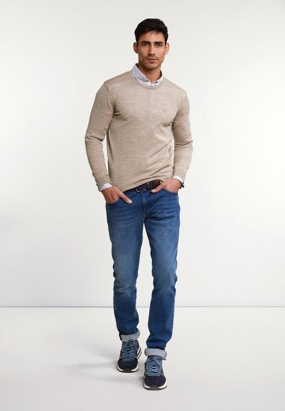 River Woods Custom Fit Basic Merinotrui Ronde Hals Old Wood Mix