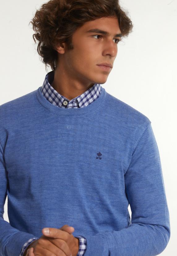 River Woods Custom Fit Basic Merinotrui Ronde Hals Persian Blue Mix