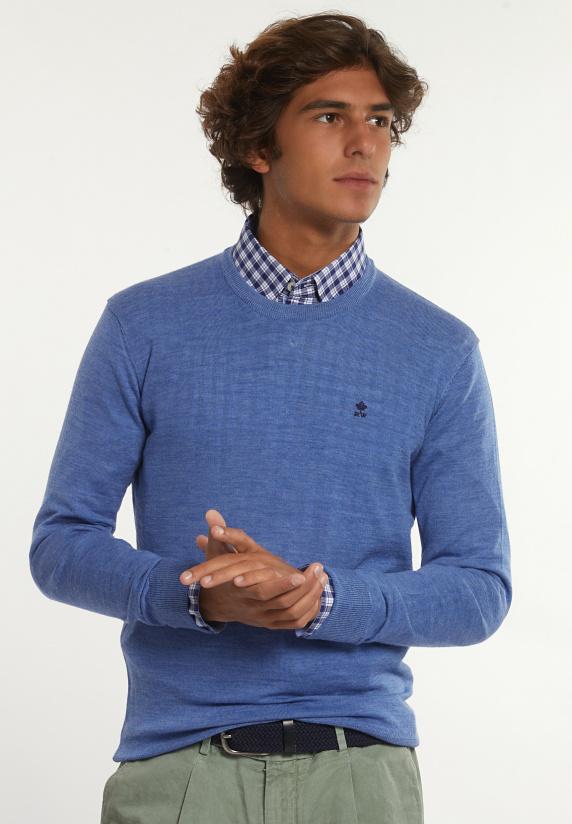 river woods Custom fit basic merinotrui ronde hals persian blue mix