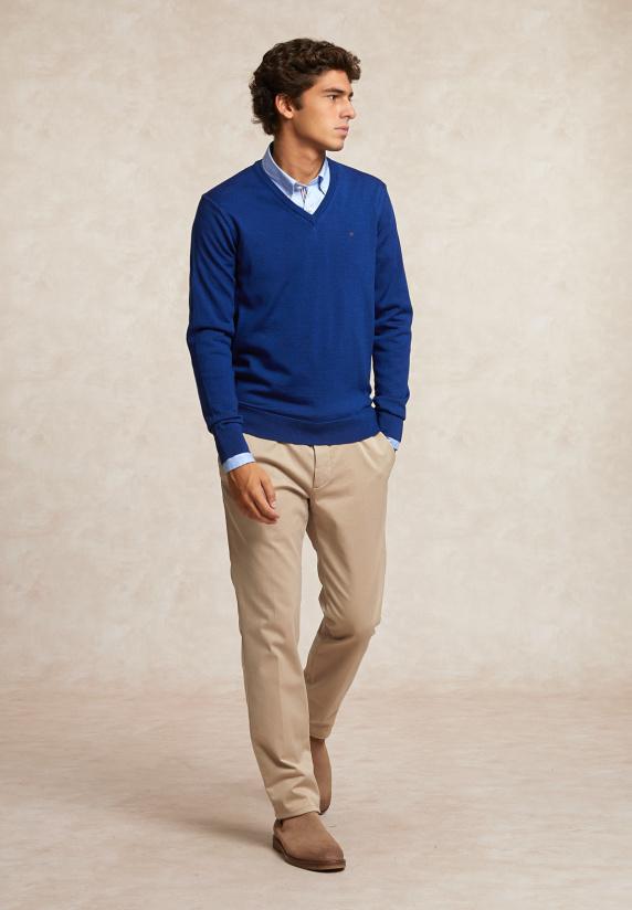 River Woods Custom Fit Basic V-hals Merinotrui Blue Beard Mix