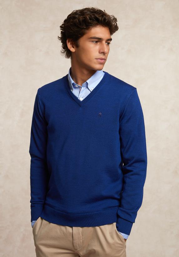 river woods Custom fit basic V-hals merinotrui blue beard mix