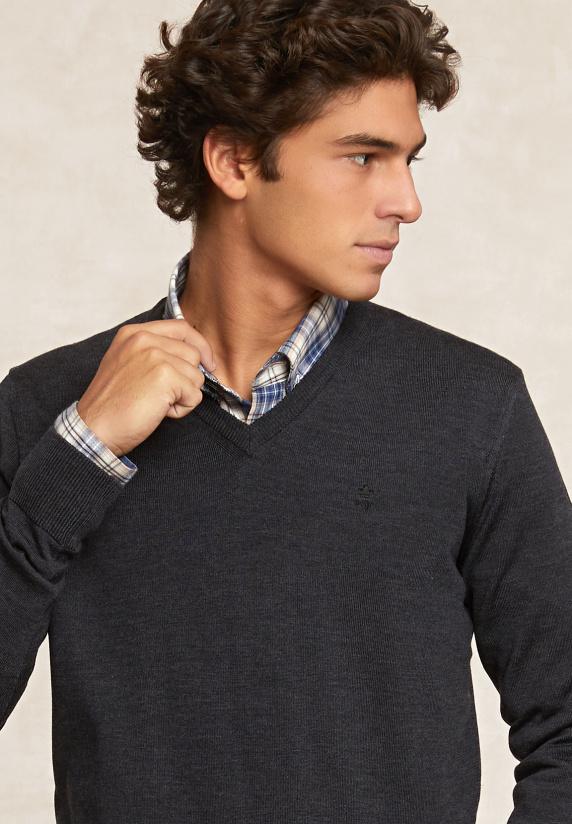 River Woods Custom Fit Basic V-hals Merinotrui Charcoal Mix