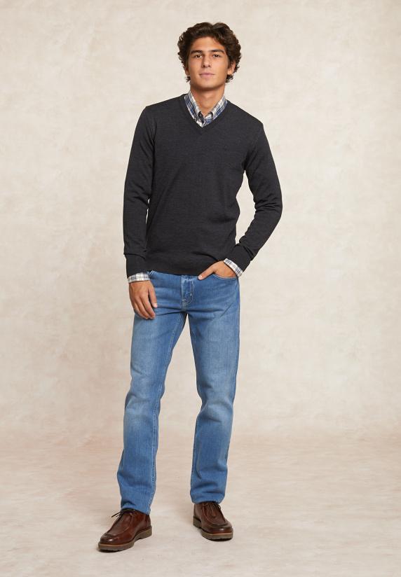 River Woods Custom Fit Basic V-hals Merinotrui Charcoal Mix