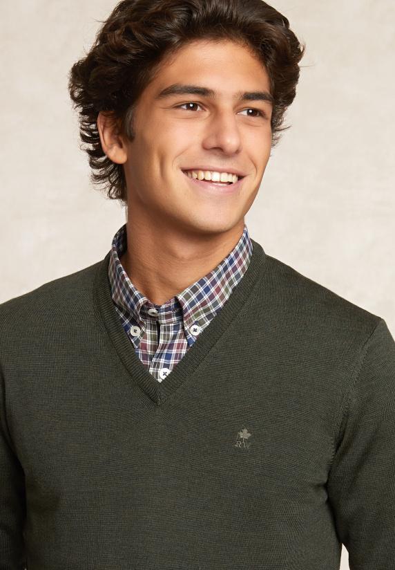 River Woods Custom Fit Basic V-hals Merinotrui Cypress Mix