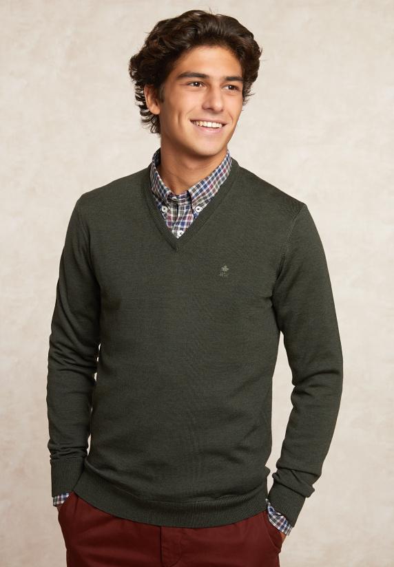river woods Custom fit basic V-hals merinotrui cypress mix