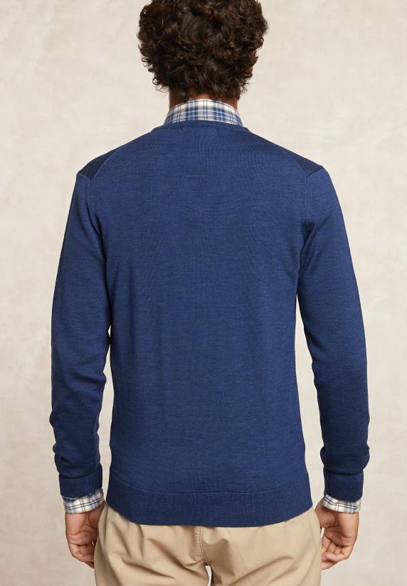 River Woods Custom Fit Basic V-hals Merinotrui Denim Blue Mix