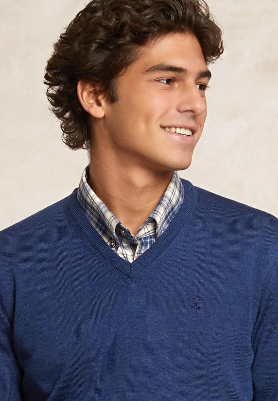 River Woods Custom Fit Basic V-hals Merinotrui Denim Blue Mix