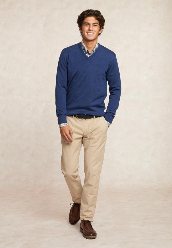 River Woods Custom Fit Basic V-hals Merinotrui Denim Blue Mix