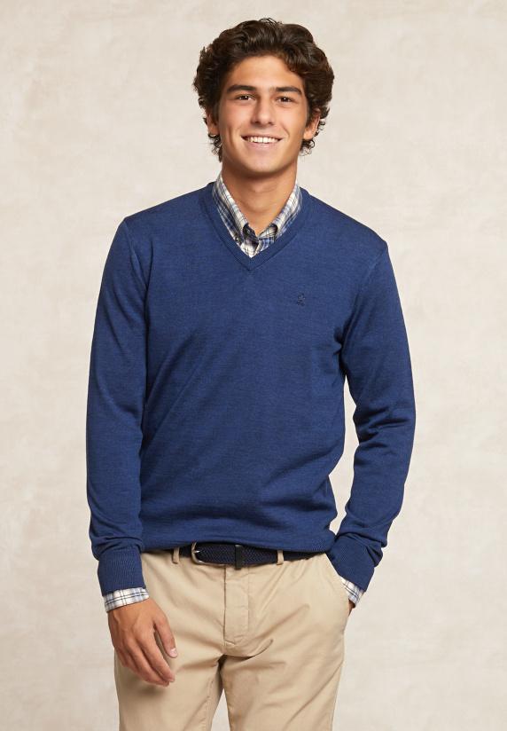 river woods Custom fit basic V-hals merinotrui denim blue mix