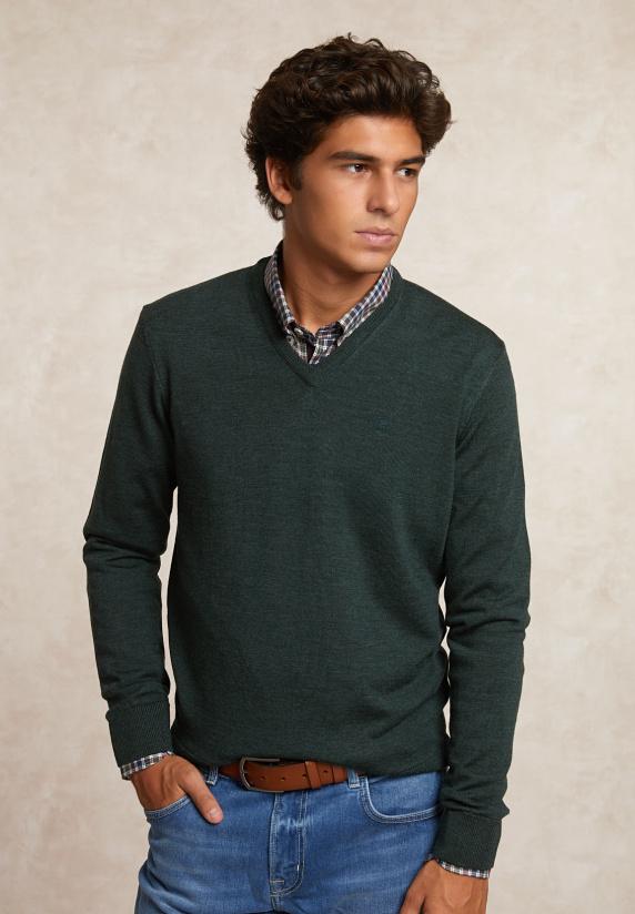 river woods Custom fit basic V-hals merinotrui dk moss mix