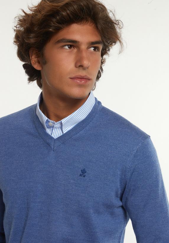 River Woods Custom Fit Basic V-hals Merinotrui Dk Persian Blue Mix