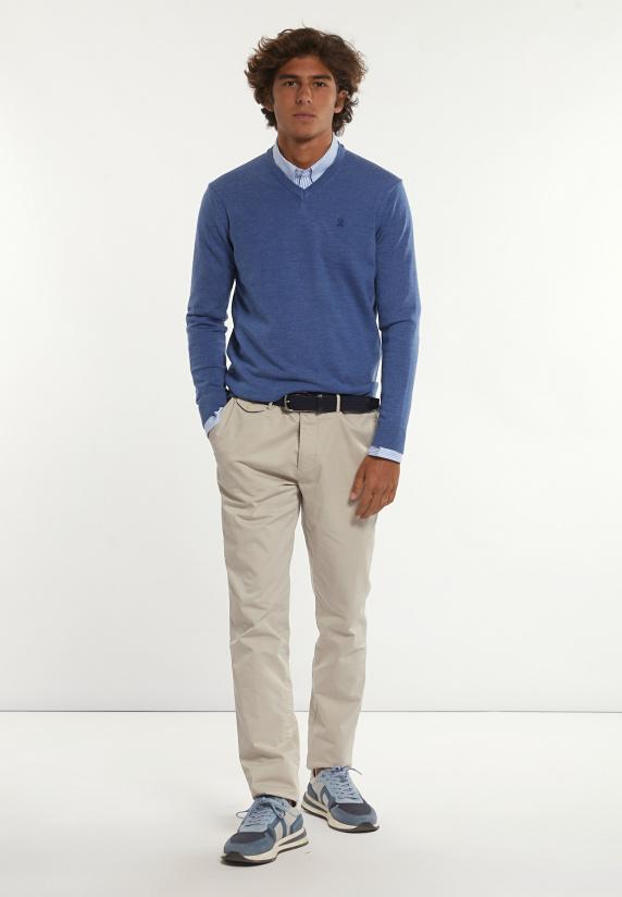 River Woods Custom Fit Basic V-hals Merinotrui Dk Persian Blue Mix