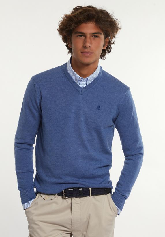 river woods Custom fit basic V-hals merinotrui dk persian blue mix