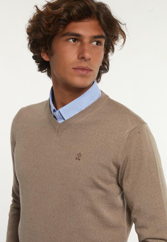 River Woods Custom Fit Basic V-hals Merinotrui Earth Mix