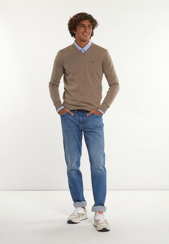 River Woods Custom Fit Basic V-hals Merinotrui Earth Mix