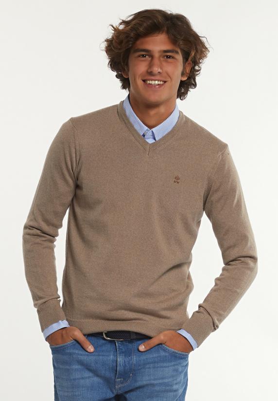 river woods Custom fit basic V-hals merinotrui earth mix