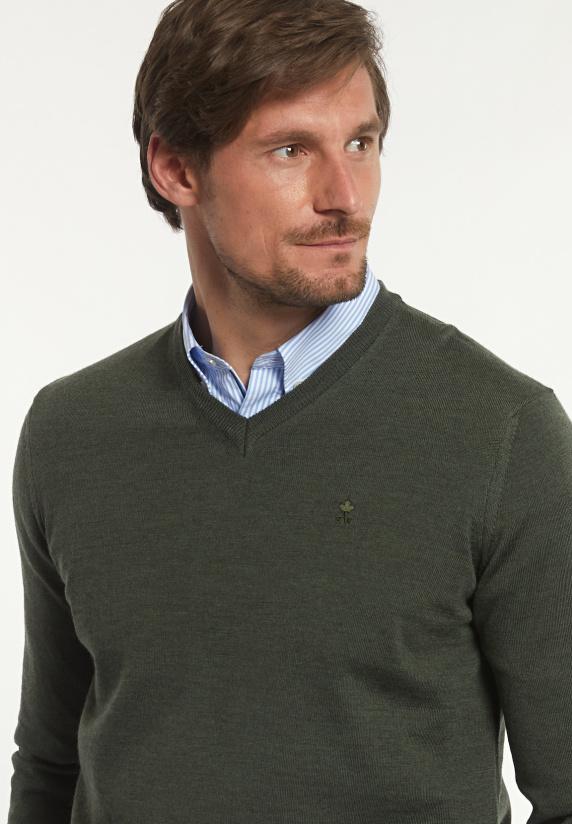 River Woods Custom Fit Basic V-hals Merinotrui Forest Mix