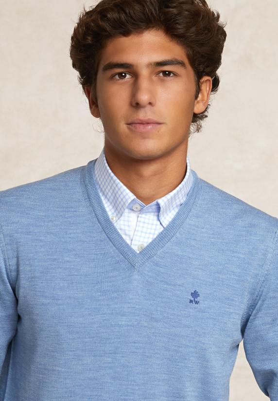 River Woods Custom Fit Basic V-hals Merinotrui Glacier Mix