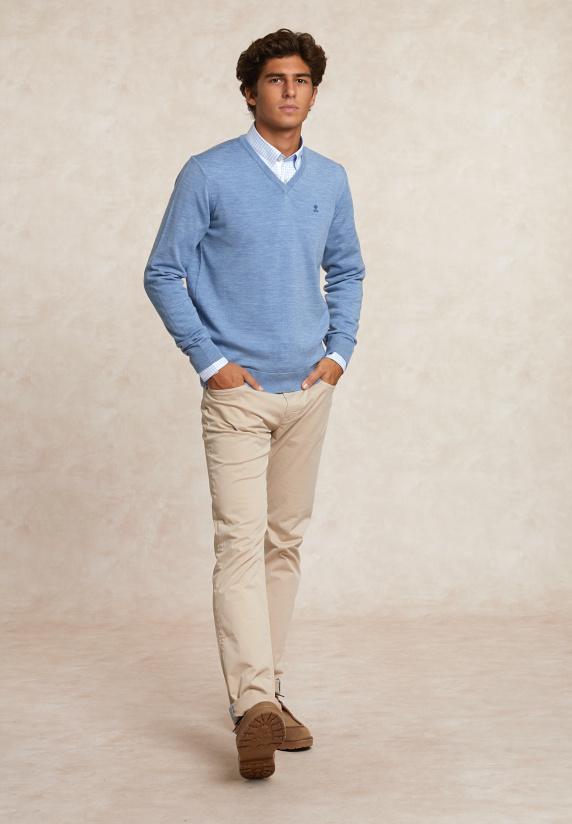 River Woods Custom Fit Basic V-hals Merinotrui Glacier Mix