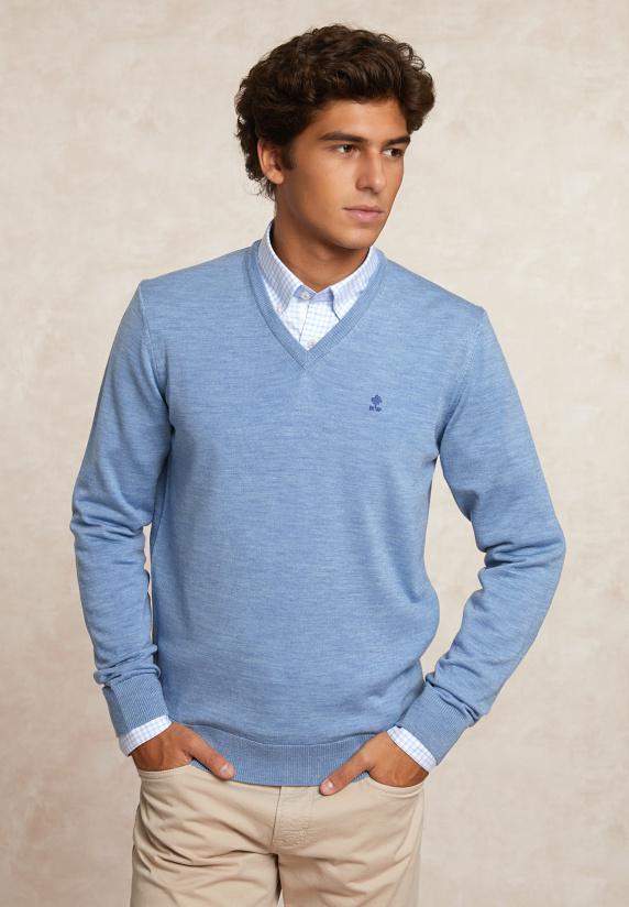 river woods Custom fit basic V-hals merinotrui glacier mix