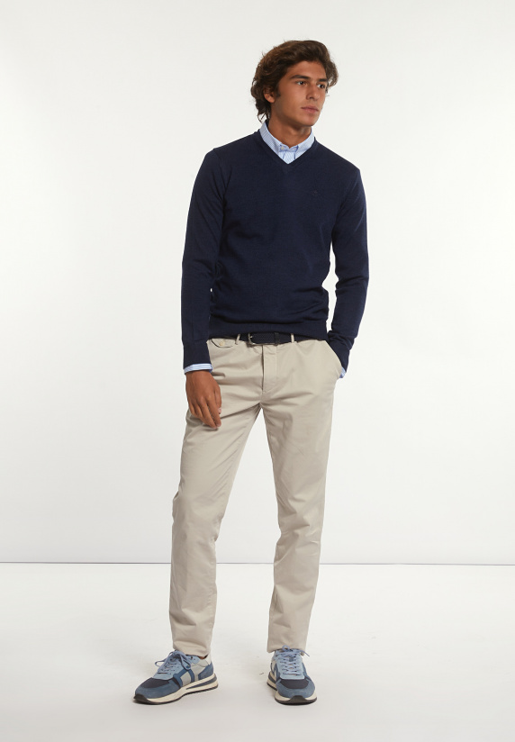 River Woods Custom Fit Basic V-hals Merinotrui Indigo Mix