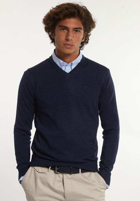 river woods Custom fit basic V-hals merinotrui indigo mix