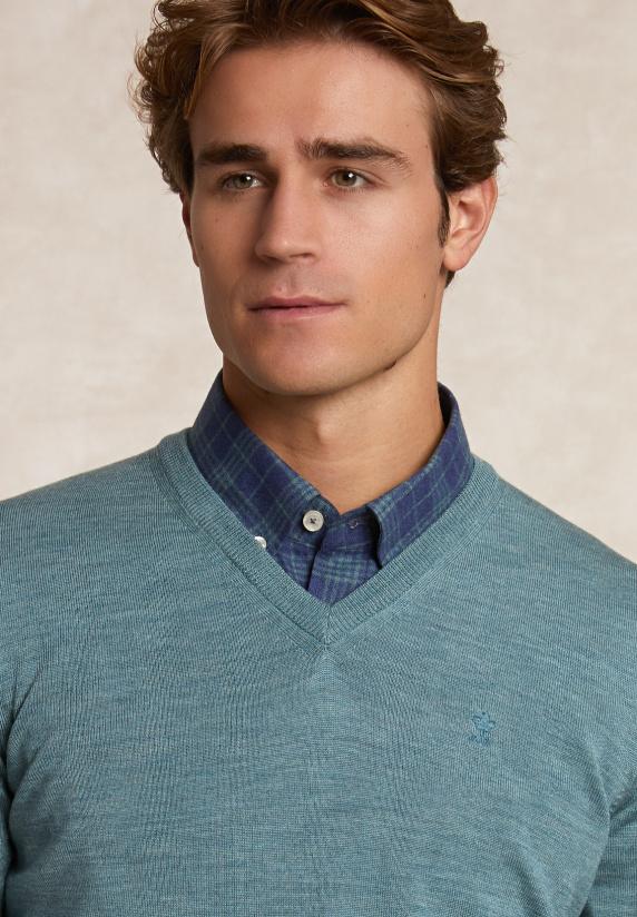 River Woods Custom Fit Basic V-hals Merinotrui Jade Green Mix