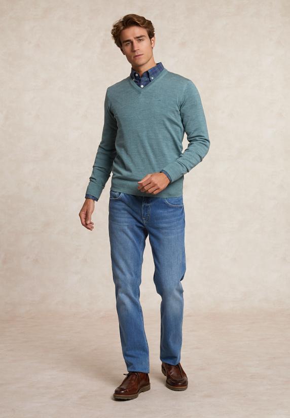 River Woods Custom Fit Basic V-hals Merinotrui Jade Green Mix