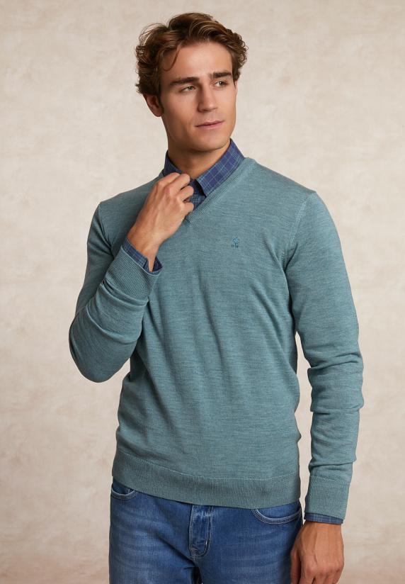 River Woods Custom Fit Basic V-hals Merinotrui Jade Green Mix