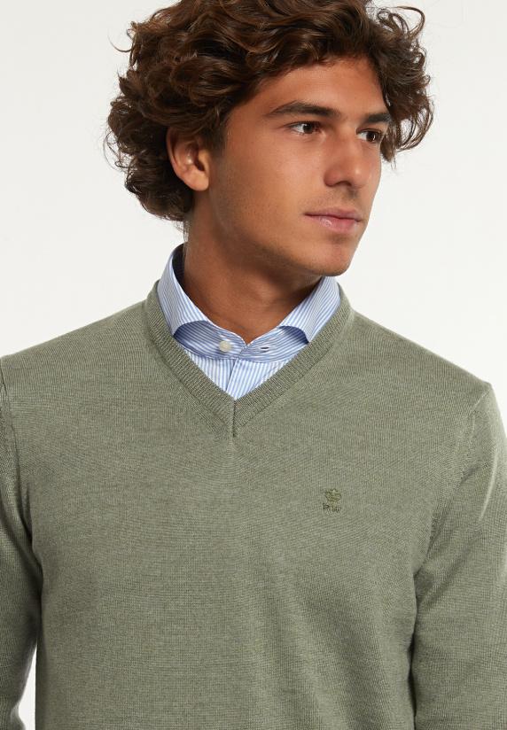 River Woods Custom Fit Basic V-hals Merinotrui Jade Mix