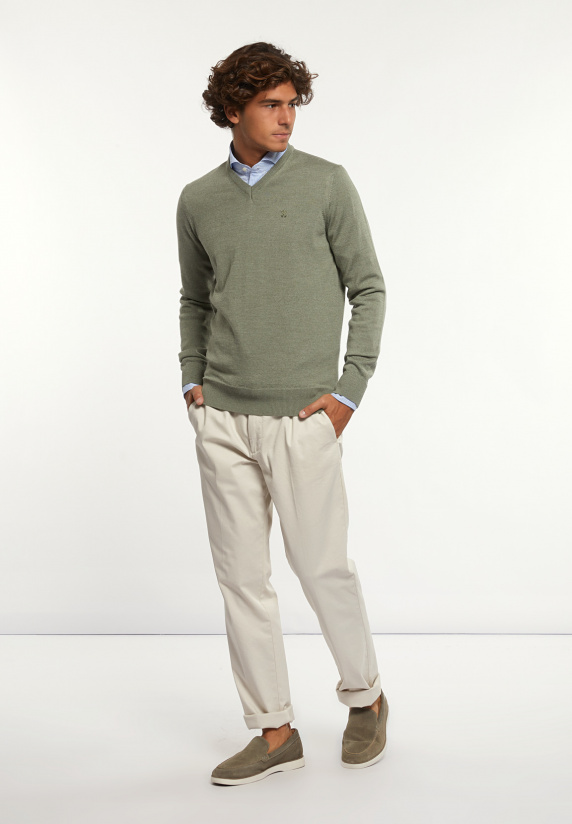 River Woods Custom Fit Basic V-hals Merinotrui Jade Mix