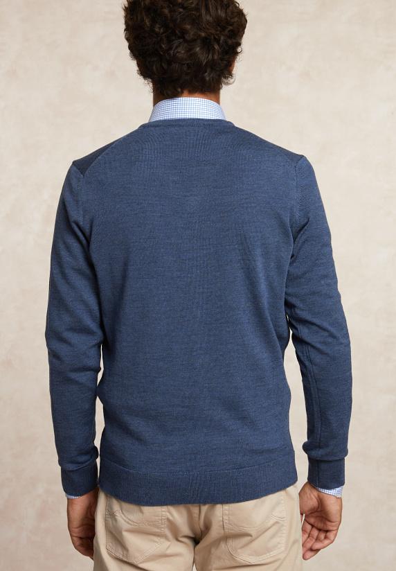 River Woods Custom Fit Basic V-hals Merinotrui Lt Denim Mix