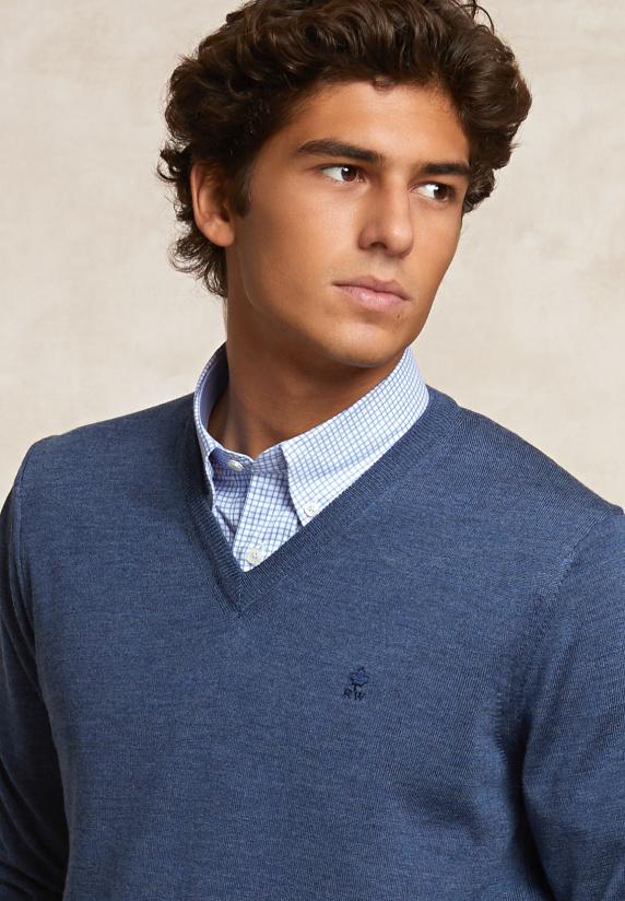 River Woods Custom Fit Basic V-hals Merinotrui Lt Denim Mix