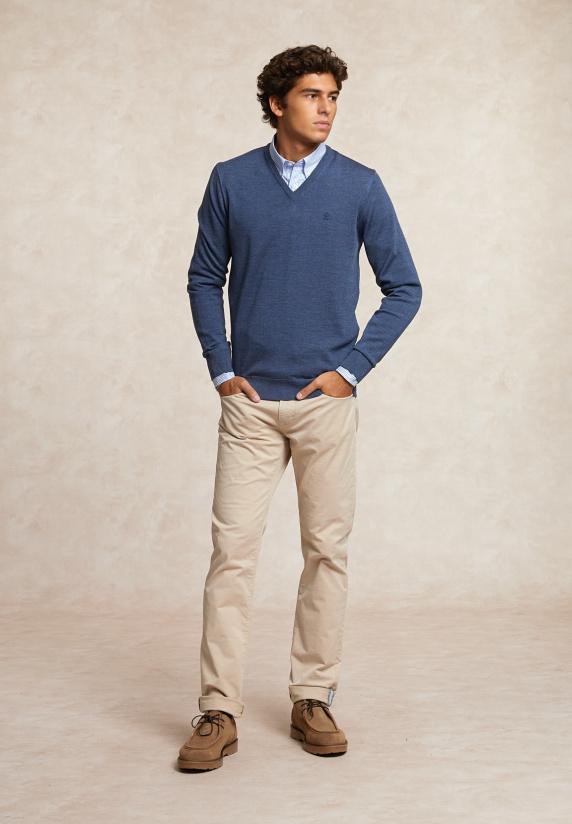 River Woods Custom Fit Basic V-hals Merinotrui Lt Denim Mix