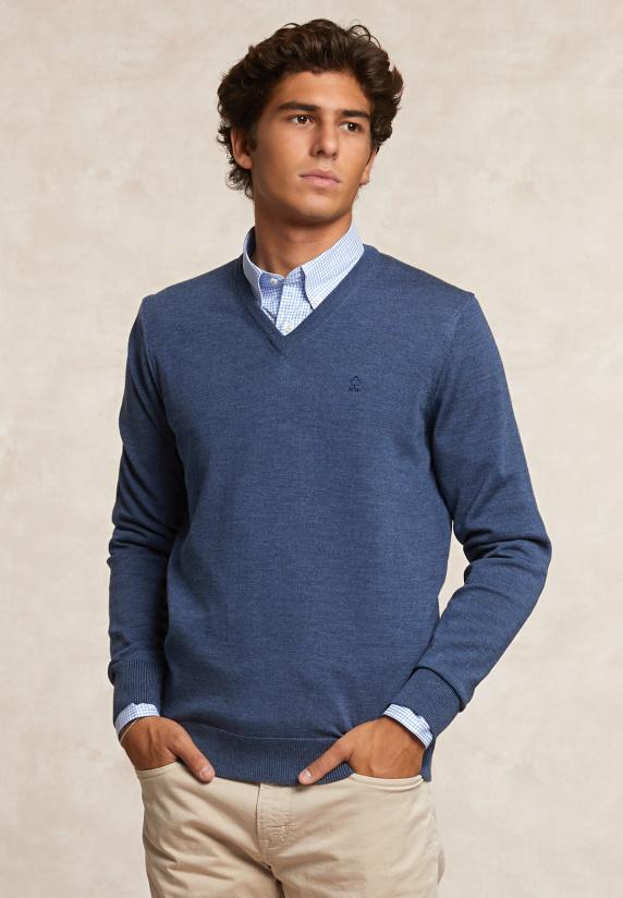 river woods Custom fit basic V-hals merinotrui lt denim mix